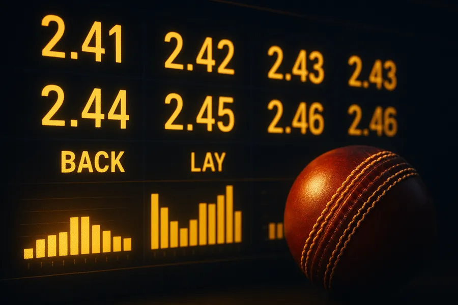 Glowing cricket betting exchange odds board and back-lay trading screen with gold numerals