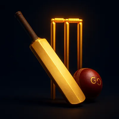 Gold cricket bat, leather ball and glowing stumps icon for cricket betting ID markets