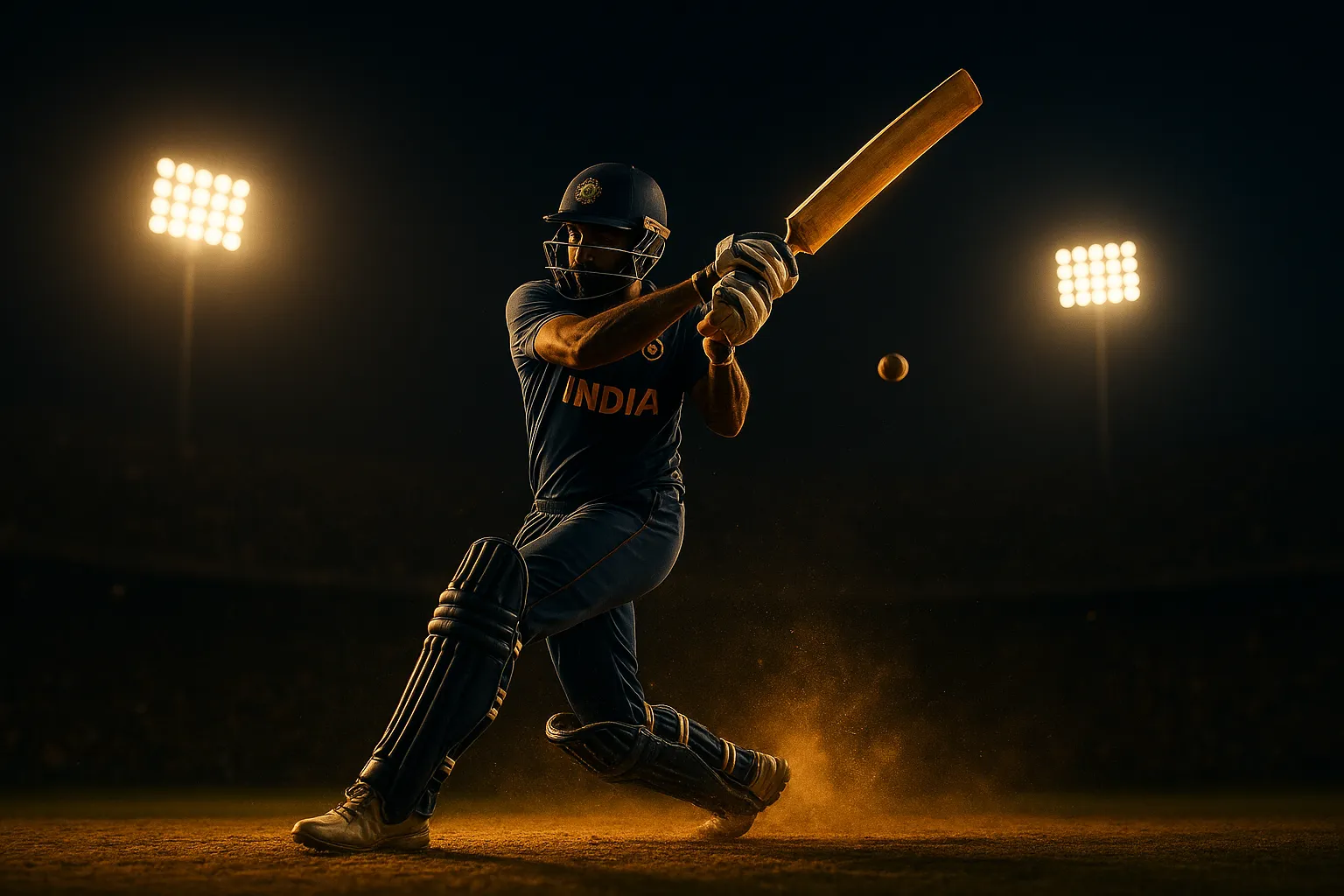 Indian cricket batsman mid-pull-shot under stadium floodlights for cricket betting ID exchange