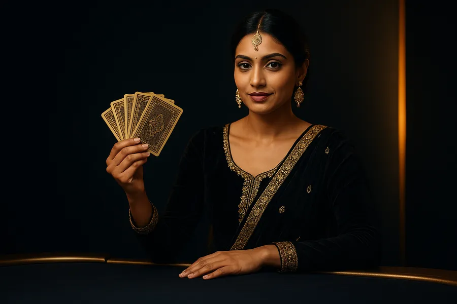 Indian live casino dealer fanning golden playing cards under warm gold studio light