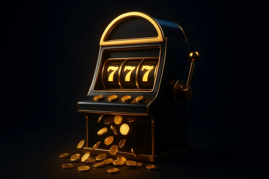 Glowing 777 slot machine with cascading gold coins on cricketbettingid.buzz