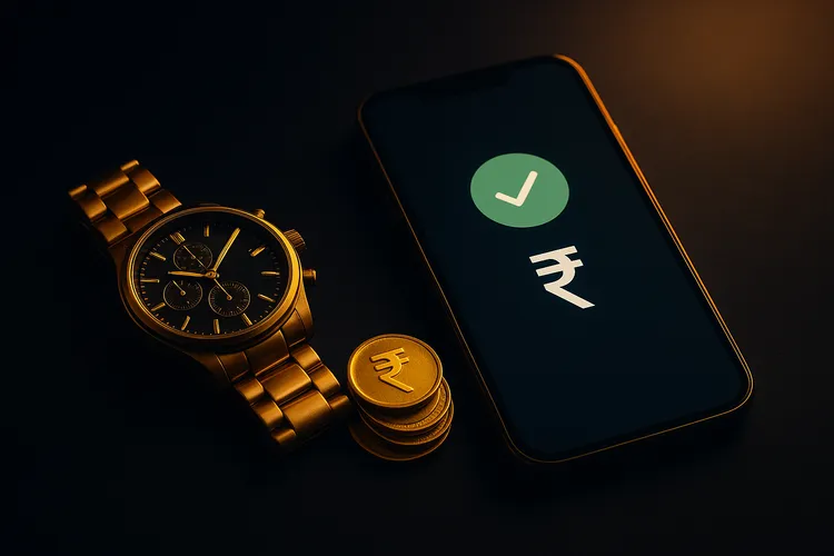 Instant UPI transfer confirmation on smartphone beside golden chronograph watch for withdrawal test