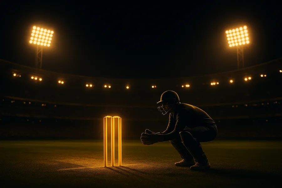 Night cricket stadium with floodlights, turf pitch and wicketkeeper for live cricket betting ID