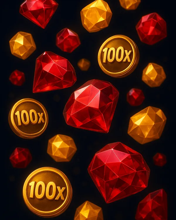 Candy slot game tile with faceted crystal gems and golden 100x multiplier bombs