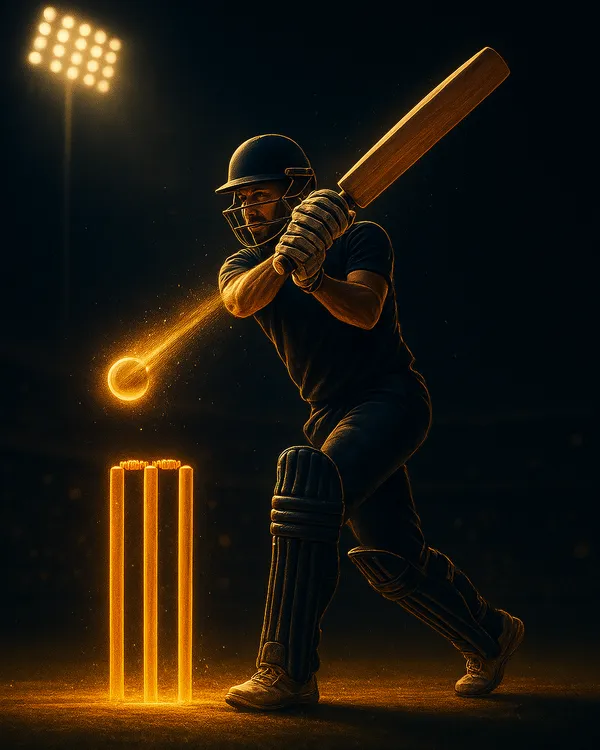 Live cricket match scene tile with bowler and batsman under floodlights on cricket betting ID