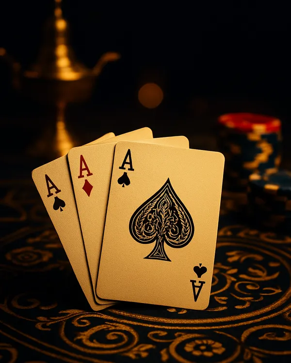 Indian Teen Patti live flush trail of three aces on dark navy and gold felt
