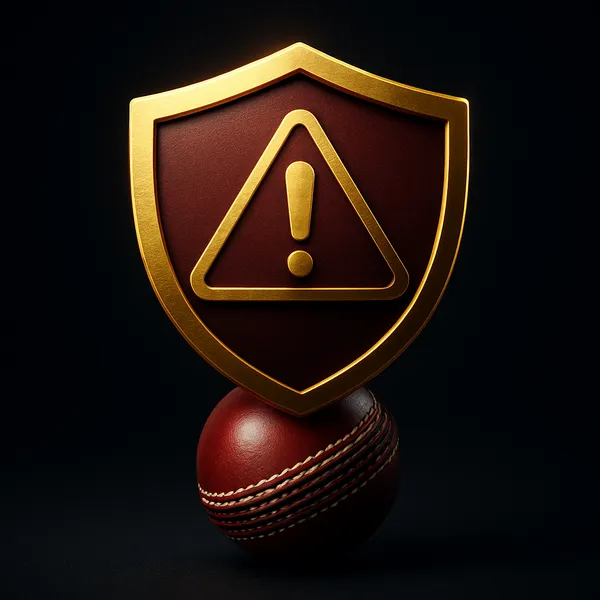 Golden warning shield over a stitched leather cricket ball for provider red-flag checklist