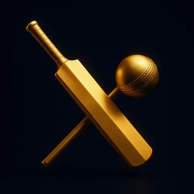 Flat 3D gold cricket bat and ball icon for match, session and toss markets