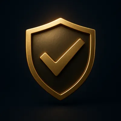 Flat 3D gold shield-check icon for trusted and verified cricket ID platforms